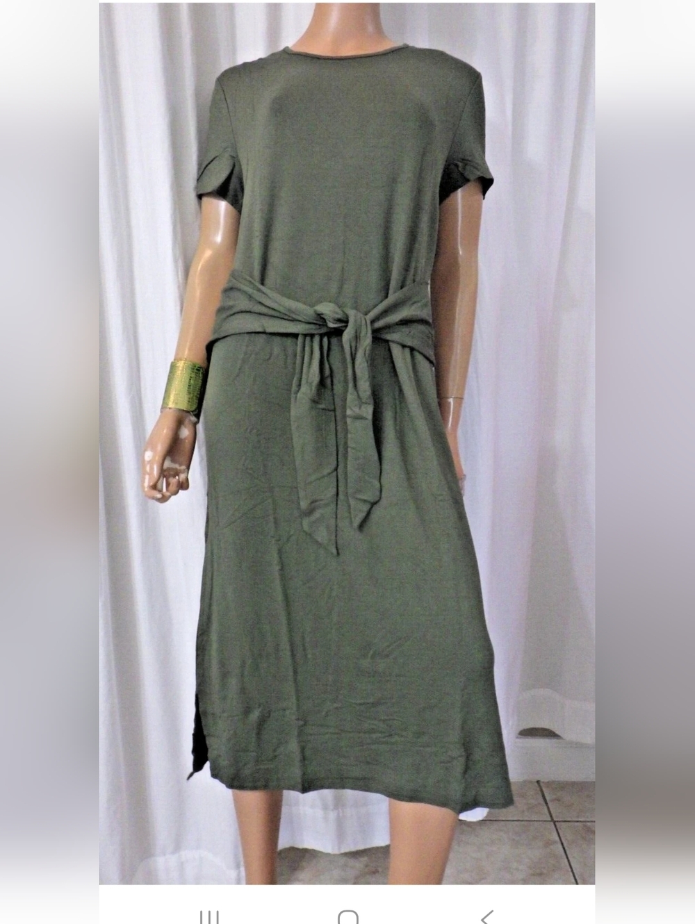 Time and Tru Olive Green Short SL Tie-Waist Soft Knit Midi Dress S XL 16/18 NWT